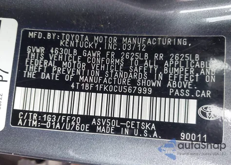 2012 Toyota Camry Se из США, поврежденный, VIN 4T1BF1FK0CU567999